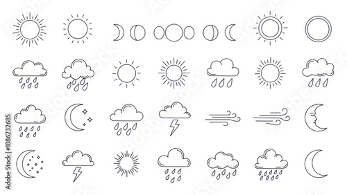 Weather Icons Set: Sun, Moon, Clouds, Rain, Wind, Lightning, Phases