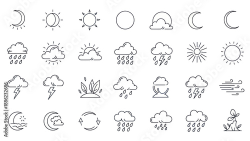 Weather Icons: Sun, Moon, Clouds, Rain, Lightning, Wind, Cycle, Growth