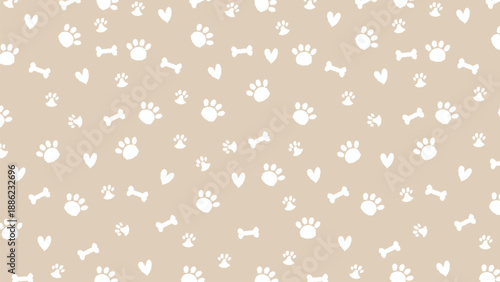 Beige seamless pattern of white hand drawn paw prints, bones and hearts. Minimalist pet doodle vector background