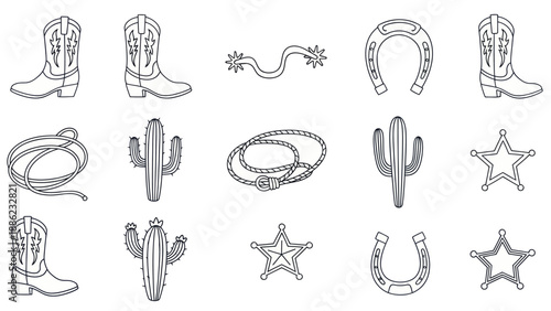 Western Cowboy Icon Set: Boots, Cactus, Sheriff Badge, Horseshoe, Lasso, Spur, Belt