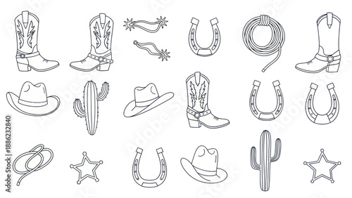 Western Cowboy Icon Set: Boots, Hats, Cactus, Horseshoe, Lasso, Star