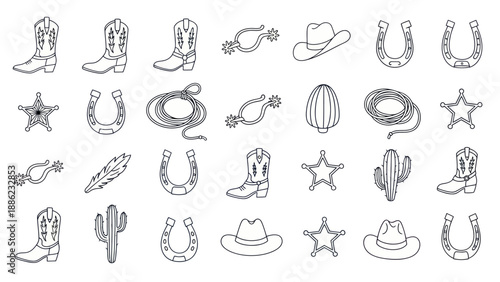 Western Cowboy Icon Set: Boots, Hats, Horseshoes, Lasso, Cactus - Hand Drawn