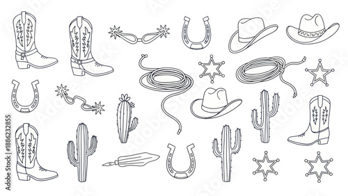 Western Cowboy Icon Set: Boots, Hats, Horseshoe, Lasso, Cactus, Sheriff Star