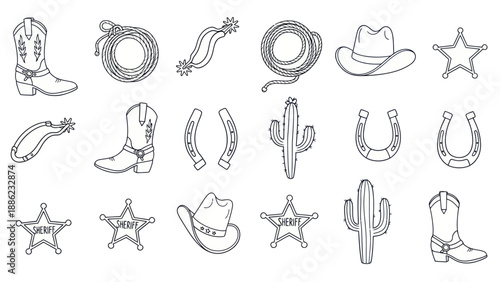 Western Cowboy Icon Set: Boots, Hats, Lasso, Cactus, Horseshoe, Sheriff Star