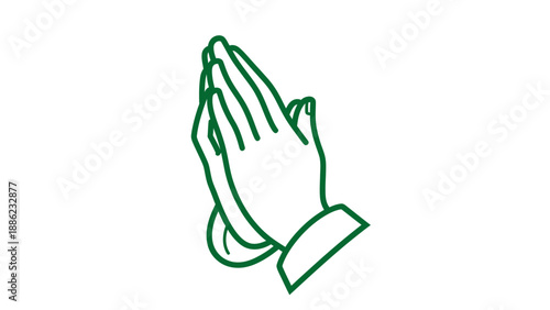 Green outline illustration of praying hands on white background