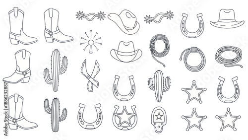 Western Cowboy Icons Collection: Boots, Hats, Cacti, Horseshoes, Lasso, Stars