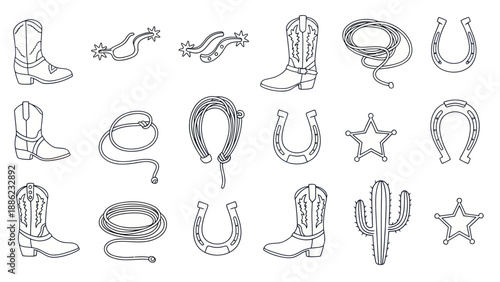 Western Cowboy Icons: Boots, Lasso, Horseshoe, Cactus, Sheriff Star