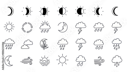 Weather Icons Set: Moon Phases, Sun, Clouds, Rain, Lightning, Wind, Cycle