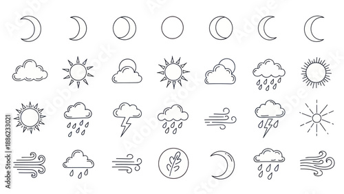 Weather Icons Set: Moon Phases, Sun, Clouds, Rain, Lightning, Wind, Growth