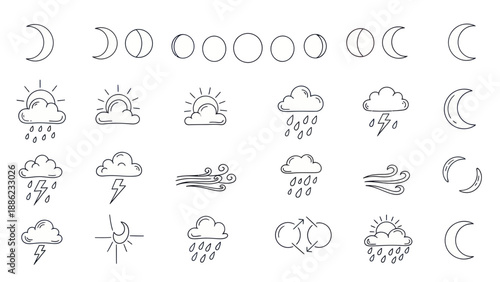 Weather Icons Set: Moon Phases, Sun, Clouds, Rain, Lightning, Wind, Cycles