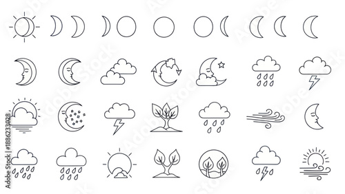 Weather Icons Set: Moon Phases, Sun, Clouds, Rain, Lightning, Wind, Plants