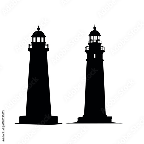 Two black silhouette lighthouses different designs isolated on transparent background