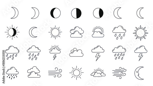 Weather Icons Set: Moon Phases, Sun, Clouds, Rain, Lightning, Wind