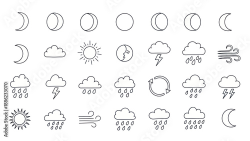 Weather Icons Set: Moon Phases, Sun, Clouds, Rain, Lightning, Wind, Refresh