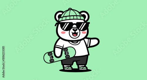 Cartoon bear with skateboard on green background