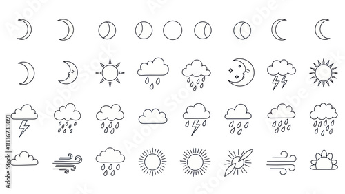 Weather Icons Set: Moon Phases, Sun, Clouds, Rain, Lightning, Wind
