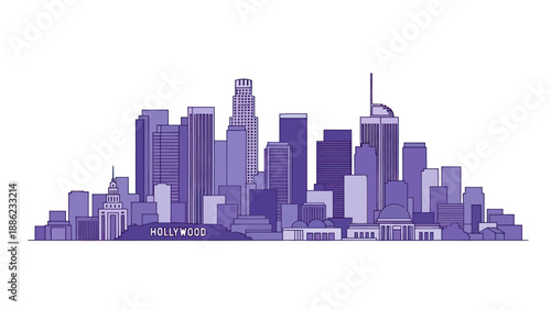 Los Angeles Skyline with Hollywood Sign Illustration, Cityscape, Urban Art