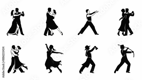 Silhouettes of couples dancing ballroom and other styles.