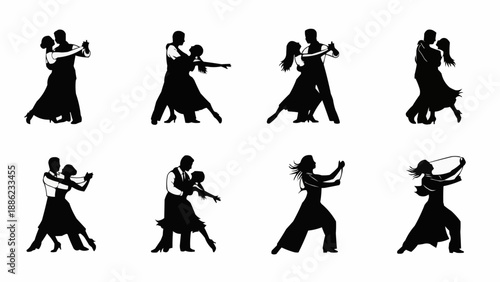 Silhouettes of couples dancing ballroom dance styles.