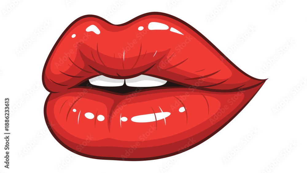 Obraz premium Glossy Red Lips with White Teeth - Sensual Woman Mouth Illustration