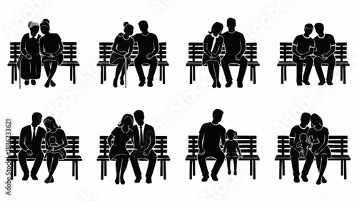 Silhouettes of couples sitting on park benches in various poses.