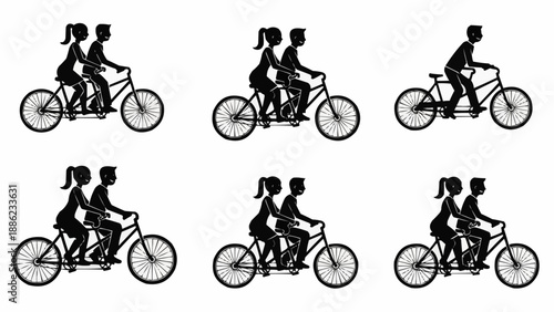 Silhouettes of couples riding tandem bicycles in various poses.