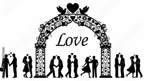 Silhouettes of couples under a decorative archway celebrating love and romance.