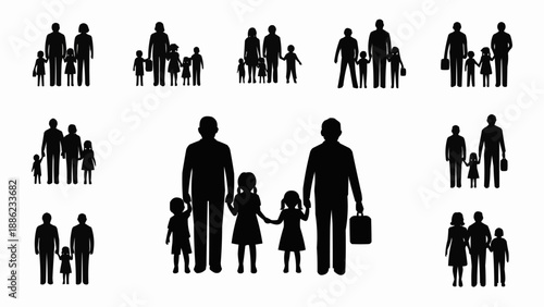 Silhouettes of Diverse Families and Children in Various Poses.