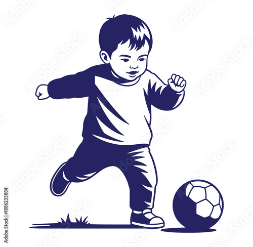 Adorable young child kicking a soccer ball in playful and energetic illustration