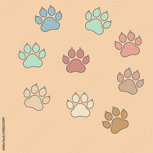 Seamless pattern of colorful paw prints on a light Peach background, perfect for pet-themed designs and whimsical decorations.