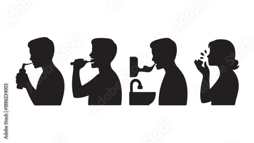 People Drinking from Various Containers in Silhouette with Black Color on White Background for Health and Hygiene Illustration