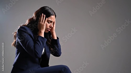 Stressed businesswoman sitting with hands on face in frustration