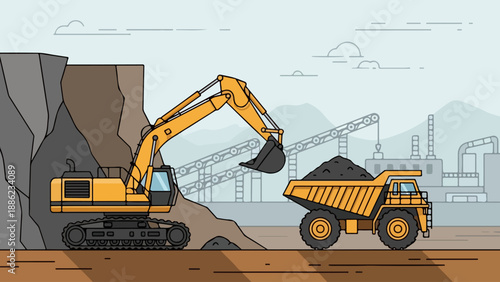 Heavy Machinery Operating in an Open-Pit Mine with Excavator and Dump Truck