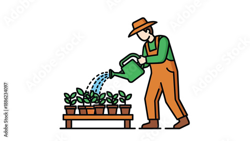 Gardener Watering Plants - Vector Illustration