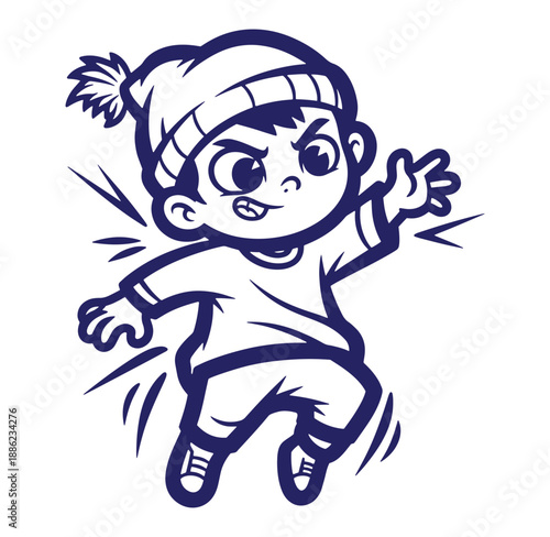 Animated vector illustration of a boy in winter attire jumping and expressing excitement