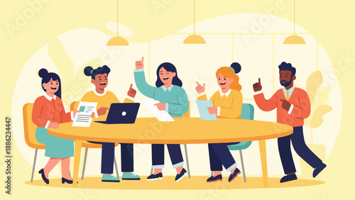 Diverse team celebrating success around a table with a laptop in a bright office environment from a slightly elevated viewpoint