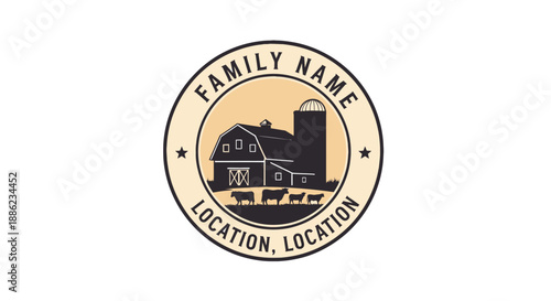 Vintage Farmhouse and Silo Logo with Family Name and Location.
