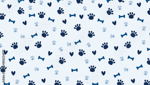 Vector seamless pattern featuring blue paw prints, bones, and hearts. Playful hand drawn animal background for pet shop branding