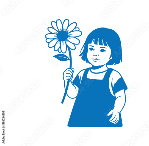Blue illustration of a little girl holding a large daisy flower on a white background