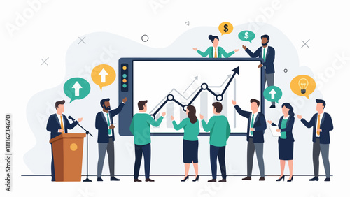 Business professionals analyzing data trends on a large screen during a presentation in a modern office setting from a front viewpoint
