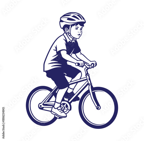 Boy wearing helmet riding bicycle illustration in blue and white colors isolated on white