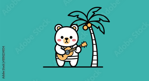 Cartoon bear playing ukulele under palm tree