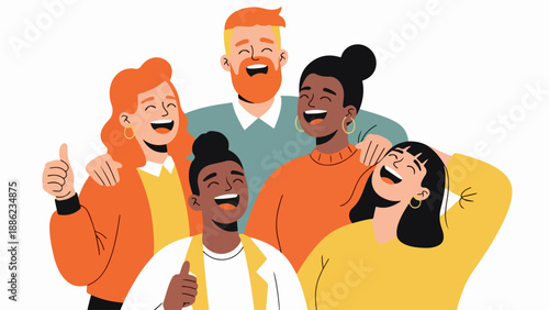 Diverse group of friends laughing and smiling together, enjoying a moment of joy and camaraderie, viewed from a slight angle