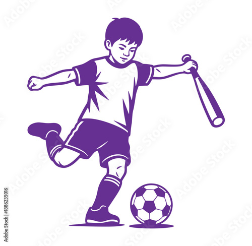 Boy in purple uniform kicking soccer ball while holding a baseball bat