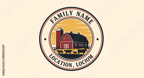 Vintage Farmhouse Logo with Barn, Silo, and Cattle.