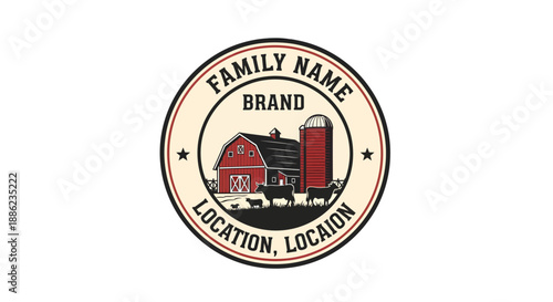 Vintage Farmhouse Logo with Barn Silo and Livestock.