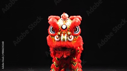 Vibrant red lion dance performance with golden accents on black background