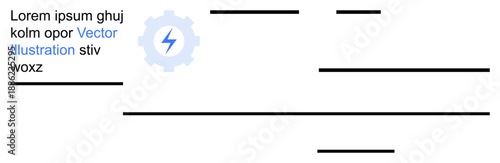 Energy efficiency, technology innovation, branding, layout design, engineering, and marketing . Gear with blue lightning bolt and text elements. Energy efficiency and technology innovation concept