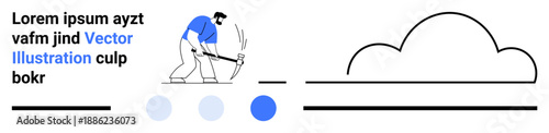 Worker in motion breaking ground with hammer, simplified cloud, text lines, and blue dots. Ideal for labor concept, construction, effort, determination themes, minimalism workflow design simple