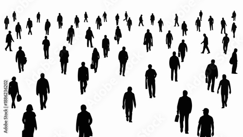 Silhouettes of many people walking in different directions.